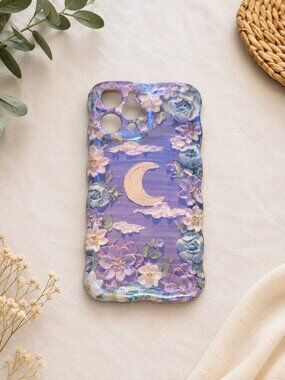 Purple Floral Moon iPhone 12 Pro Max Case | Cute Aesthetic Protective Phone Cove